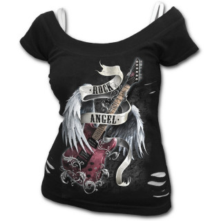 T-shirt dbardeur (2en1) femme gothique  avec guitare "Rock Angel"