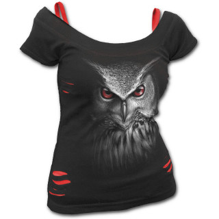 T-shirt dbardeur (2en1) femme gothique avec hibou au yeux rouges