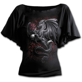 T-shirt femme  manches courtes avec dragon tenant une rose