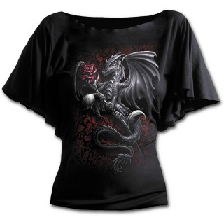 T-shirt femme à manches courtes avec dragon tenant une rose