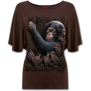 T-shirt femme  manches voiles avec bb singe et feuillage marron