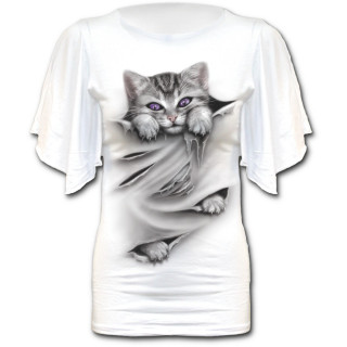 T-shirt femme blanc  manches courtes avec chaton griffeur