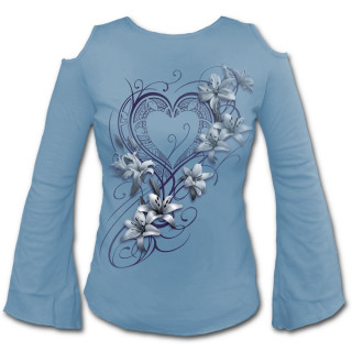 T-shirt femme bleu  manches amples "coeur pur" avec fleurs blanches