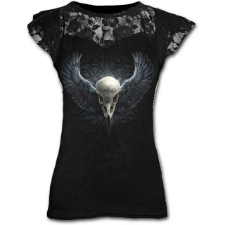 T-shirt femme gothique  dentelles avec crane de corbeau ail