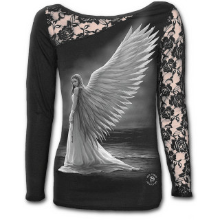 T-shirt femme gothique  manche longue en dentelle avec ange tenant la cl du paradis