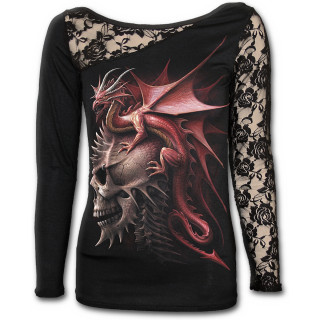 T-shirt femme gothique  manche longue en dentelle avec dragon rouge sur crane  pointes