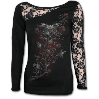 T-shirt femme gothique  manche longue en dentelle avec papillons, roses et crane en sang
