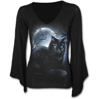 T-shirt femme gothique  manches amples et col V  chat noir avec pleine lune et chauves souris