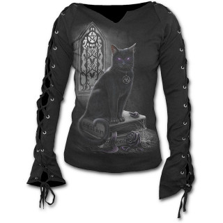 T-shirt femme gothique  manches longues  lacets avec chat et grimoire de sorcellerie