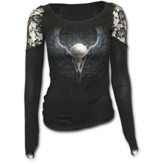 T-shirt femme gothique  manches longues et paules en dentelle avec crane de corbeau ail