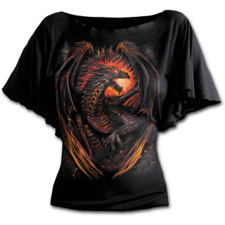 T-shirt femme gothique  manches voiles avec dragon sur lave craquele