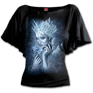 T-shirt femme gothique  manches voiles avec reine des glaces tenant une rose de givre