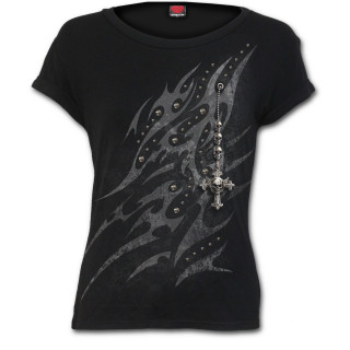 T-shirt femme gothique  symbole tribal et fausse broche