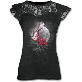 T-shirt femme gothique avec vampiresse et rose sur fond de lune