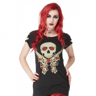 T-shirt Femme gothique Jawbreaker à tête de mort, roses et révolvers