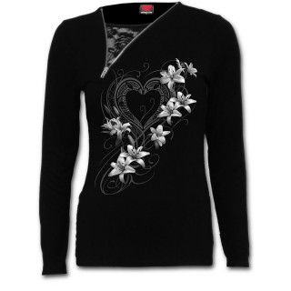 T-shirt femme manches longues  zip et dentelle "coeur pur" avec fleurs blanches