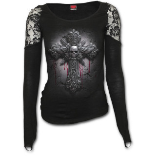 T-shirt femme manches longues et paules en dentelle avec croix  tte de mort aile