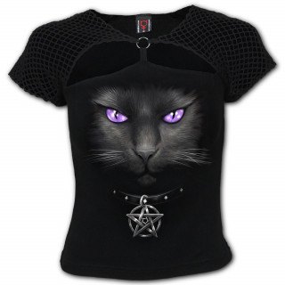 T-shirt gothique femme  maille filet avec chat noir  pentagramme