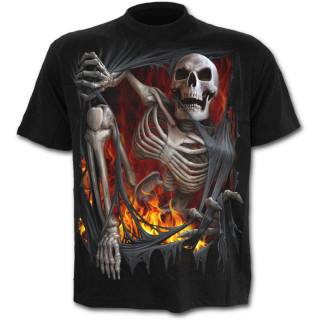 T-shirt gothique homme noir  effet squelette sortant du vetement en flamme