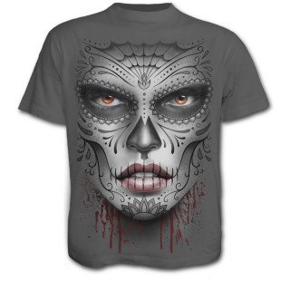 T-shirt homme gothique gris avec masque Catrina Calavera et crane avec rose