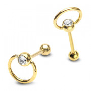 Piercing langue plaqu� or boule sertie et anneau