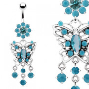 Piercing nombril fleur turquoise et papillons bleu