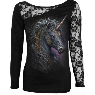 Top femme gothique manche dentelle  Licorne celtique noire