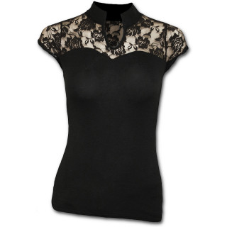 Top femme gothique noir  mancherons et dentelle de roses