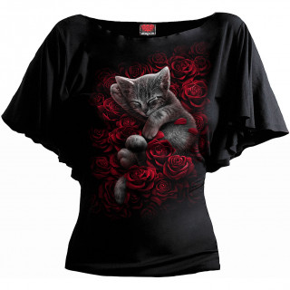 Top femme manches kimono  chaton sur lit de roses rouges