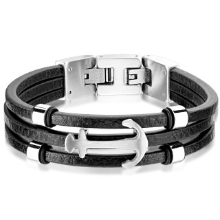 Triple bracelet cuir noir homme  ancre marine inox