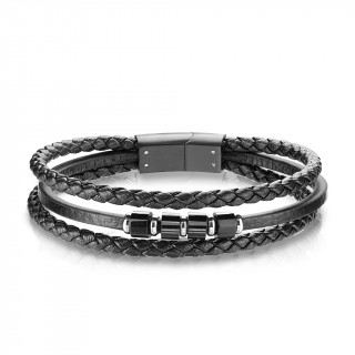 Triple bracelet homme cuir  cylindres d'acier