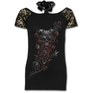Tunique gothique femme avec col  rubans, papillons, roses et crane en sang