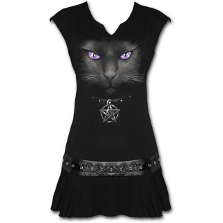 Tunique gothique noire sans manches avec chat noir  pentagramme
