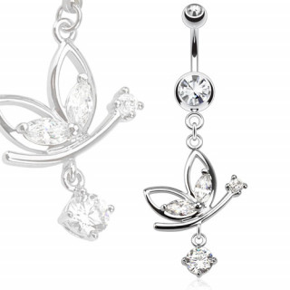 Anneau De Nombril Pendentif Papillon Gouttelettes D'eau - Zircon, Barre 1,6 Mm/14g - Bijou Corps élégant